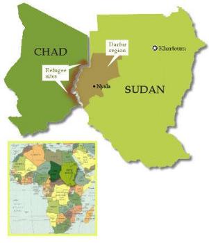 Global position of Darfur region shown around border between Chad and Sudan in Africa