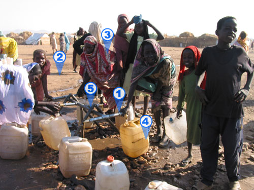 People filling water containers at standpipe.